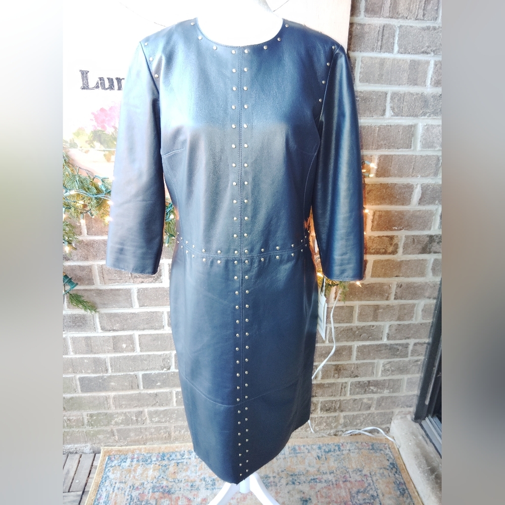 NWT WORTH LEATHER Lambskin NAVY Dress Gold Studs Buttery SOFT Sz 8 MSRP $1500